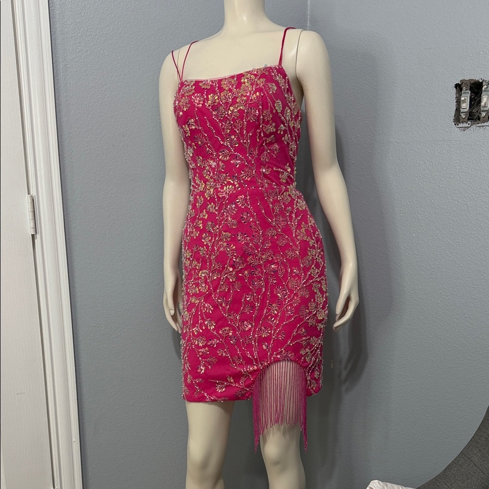 Hot Pink Beaded Fringe Mini Dress - Women's